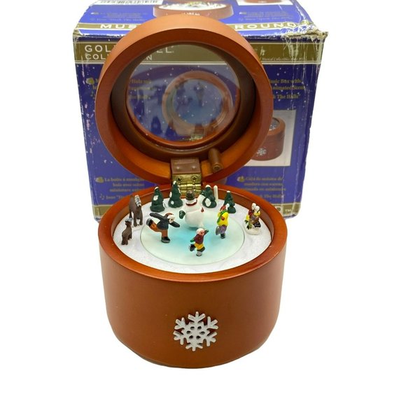 Mr. Christmas Gold Label Round Wooden Music Box Deck The Halls Ice Skaters Snow - Picture 1 of 10